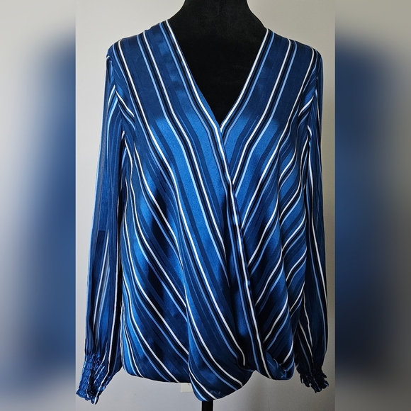 WHITE HOUSE BLACK MARKET Blue Striped Surplice Blouse- Size M - Picture 5 of 8